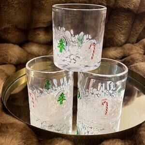 Confetti Festive Christmas Icon Juice Glasses Trees Candy Canes Set of 3 NEW